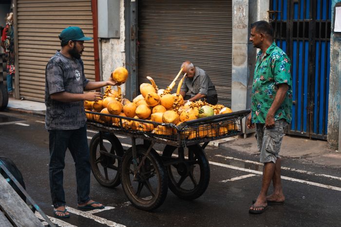 King coconuts loaded on a market cart in Colombo