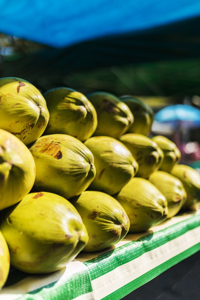 A market stack of young green drinking coconuts